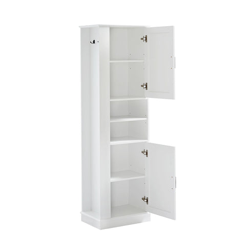 Tall Freestanding Bathroom Storage Cabinet With Adjustable Shelves And Side Hooks Board, Rectangle Design