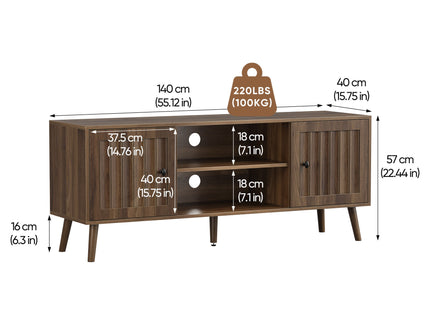 55" TV Cabinet With Vertical Groove Doors, Adjustable Shelves - Walnut