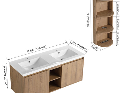 48" Wall Mounted Bathroom Vanity With Double Resin Sink And Storage Rack Soft Close Doors Plywood Construction - Imitative Oak