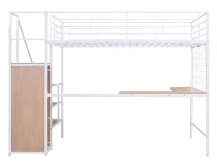 Loft Bed With Desk And Grid, Stylish Frame With Lateral Storage Ladder And Wardrobe
