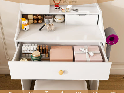 3 Color LED Vanity Mirror With Stool, Dressing Table For Bedroom, 2 Drawers & 5 Storage Cabinets (4 Open + 1 Hidden), Adjustable Lighting - White