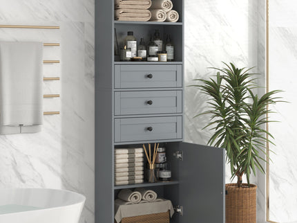Tall Storage Cabinet With 3 Drawers And Adjustable Shelves For Bathroom