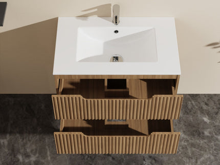 30" Wall Mounted Bathroom Vanity With Sink, Soft Close System, And Spacious Drawers - Walnut