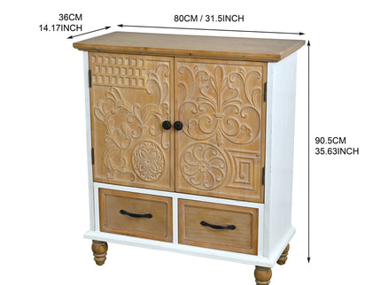 Accent Flower Carved Door Sideboard Cabinet With 2 Drawers For Kitchen - Natural Wood Wash / White