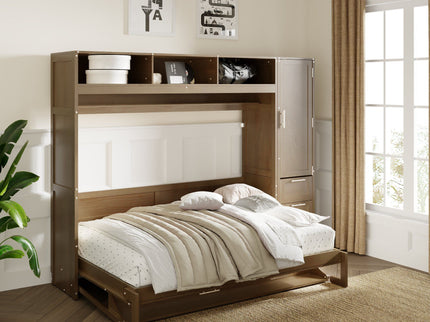 Full Size Murphy Bed With Wardrobe, Drawers, And Open Shelves - Wood