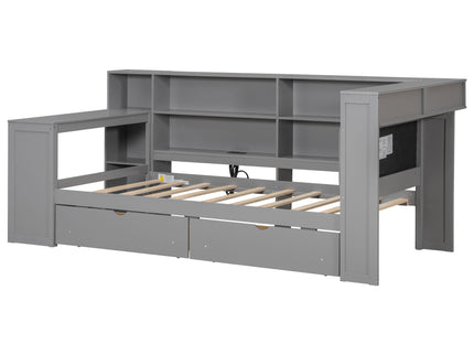 Platform Bed With Upholstered Headboard, Storage Shelves, Drawers, Charging Station, LED Lighting, Built In Desk