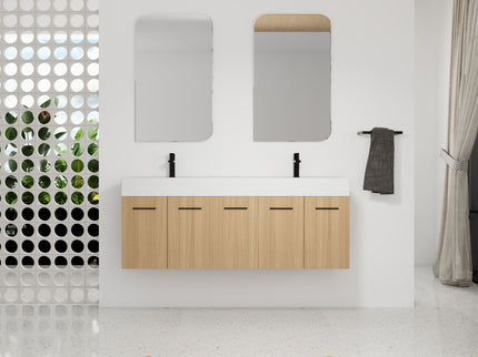 Floating Double Sink Bathroom Vanity With Extra Large Storage, Integrated Sink, Soft Close Doors, Wall Mounted Bath Vanity - Glossy White / Light Oak