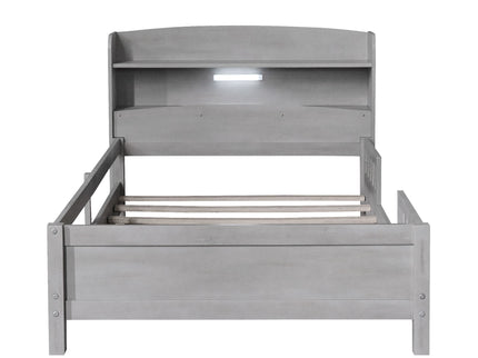 Wood Platform Bed With Built In LED Light, Storage Headboard And Guardrail