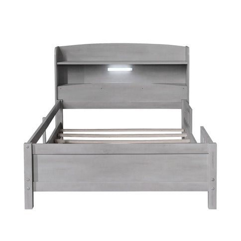 Wood Platform Bed With Built In LED Light, Storage Headboard And Guardrail