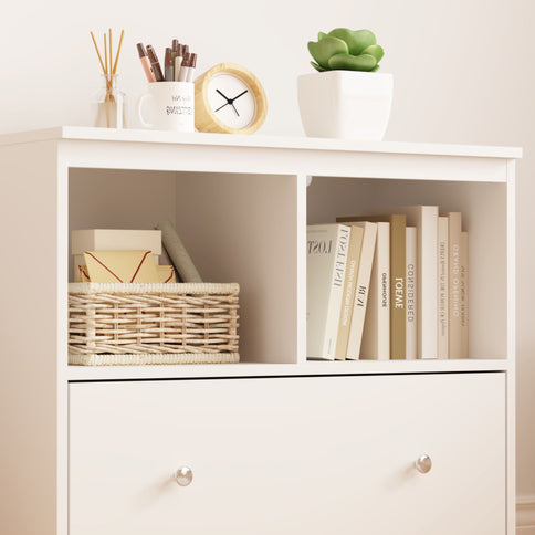 Toy Storage Organizer With Large Drawer And Low Bookshelf For Nursery & Playroom - White