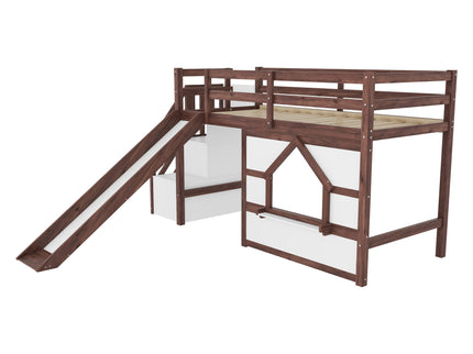 Loft Bed With Storage Stairs, Slide, Playhouse Window And 7 Colors LED Lights