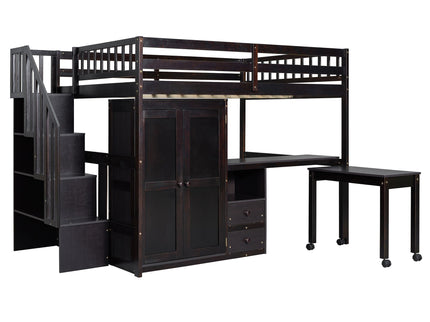 Loft Bed With Stairs, Bookshelf, Drawers, Desk & Wardrobe, Space Saving Multifunctional Furniture