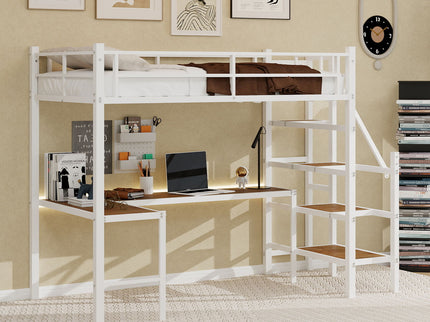 Loft Bed & L-Shaped Desk, Large Storage Space