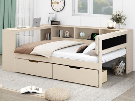 Upholstered Headboard Platform Bed With Storage Shelves, Drawers, Charging Station