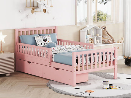 Platform Bed With Guardrails On Both Sides And 2 Storage Drawers