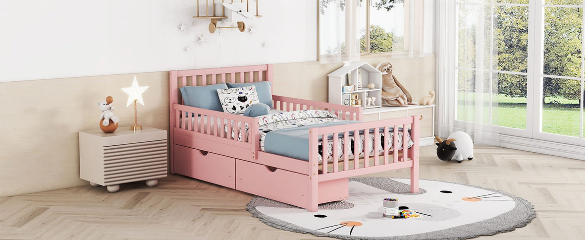 Platform Bed With Guardrails On Both Sides And 2 Storage Drawers