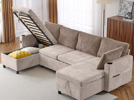 Sectional Sofa Bed With Pull Out Sleeper, USB Ports, Cup Holders