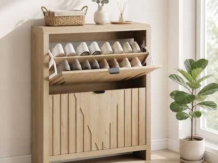 Entryway Shoe Cabinet With Vertical Carved Panels - Oak