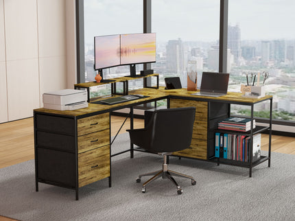 Industrial L Shaped Computer Desk With Power Outlets & USB-C, 6 Fabric Drawers, 3 Open Shelves, Movable Monitor Stands - Brown