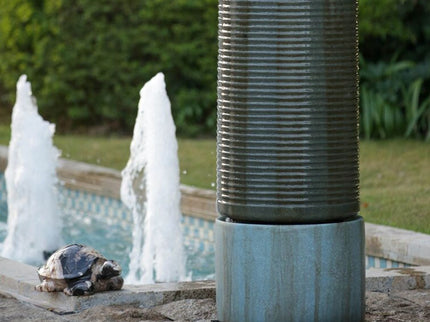 Large Modern Cylinder Ribbed Tower Water Fountain, Contemporary Outdoor Bird Bath