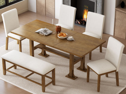 Topmax - 6 Piece Farmhouse Extendable Dining Table Set Trestle Kitchen Table Set With Removable Leaf And Upholstered Dining Chair And Bench For Dining Room