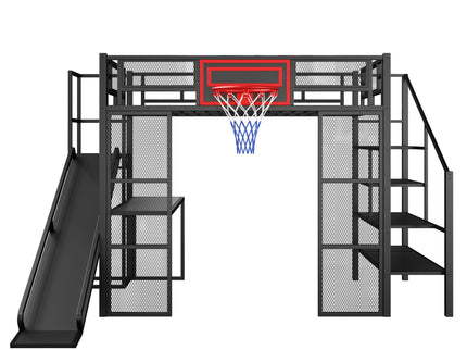 Loft Bed With Built In Desk, Open Wardrobe, Basketball Hoop, Slide And Staircase