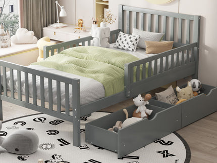 Platform Bed With Guardrails On Both Sides And 2 Storage Drawers