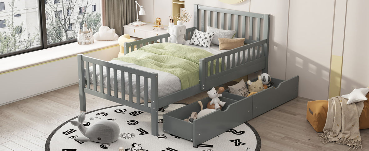 Platform Bed With Guardrails On Both Sides And 2 Storage Drawers