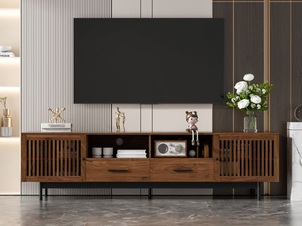 TV Stand, Media Console With 2 Drawers, Soft Closing Slatted Doors, Living Room Entertainment Center - Walnut