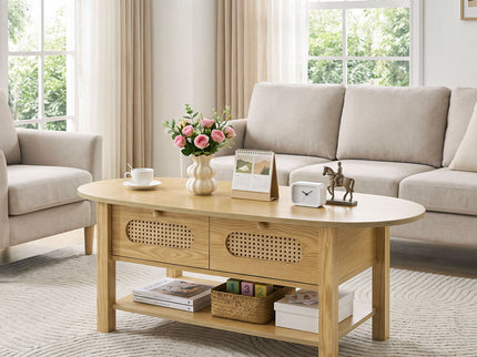 Oval Coffee Table With With 2 Storage Drawers For Living Rooms - Wood