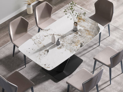 Modern Artificial Stone Pandora White Curved Metal Leg Dining Table, 6 People - Antique White