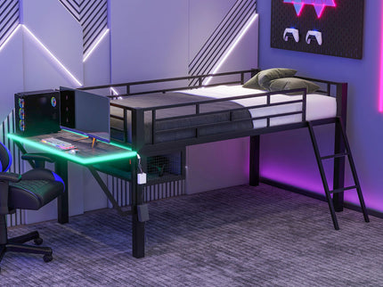 Modern Gaming Mid Loft Bed With Desk And LED Lights