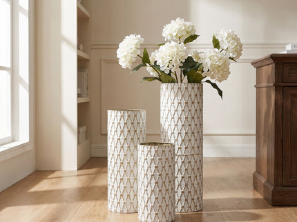 Diamond Embossed Floor Tall Vases Home Decor (Set of 3) - White / Gold