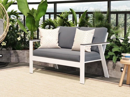 All Weather Patio Loveseat With Armrests & Angled Backrest - White / Gray