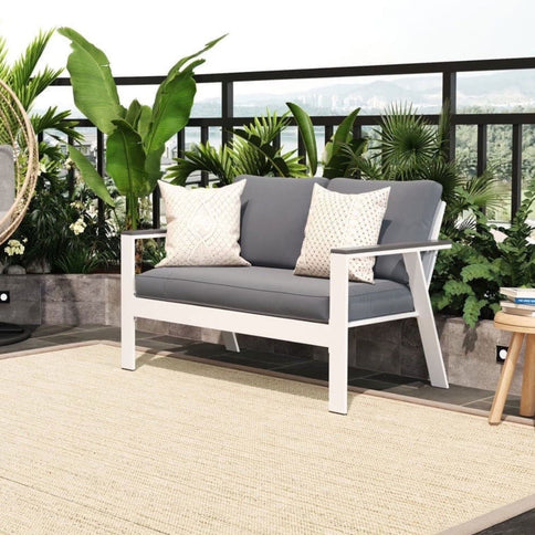 All Weather Patio Loveseat With Armrests & Angled Backrest - White / Gray