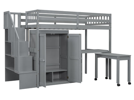 Loft Bed With Stairs, Bookshelf, Drawers, Desk & Wardrobe, Space Saving Multifunctional Furniture