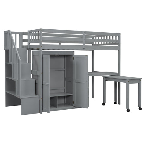 Loft Bed With Stairs, Bookshelf, Drawers, Desk & Wardrobe, Space Saving Multifunctional Furniture