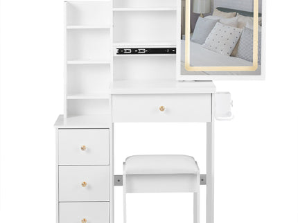 Cabinet Vanity Table & Cushioned Stool, USB Power Station, Hair Dryer Bracket - White