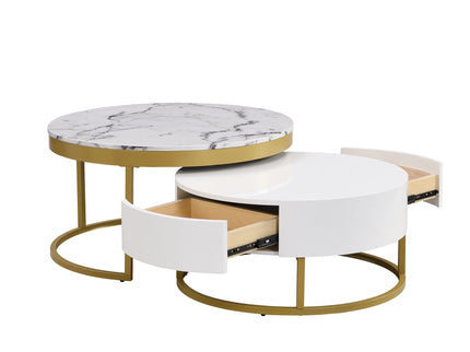 Round Nesting Coffee Table With Drawers - Golden / White
