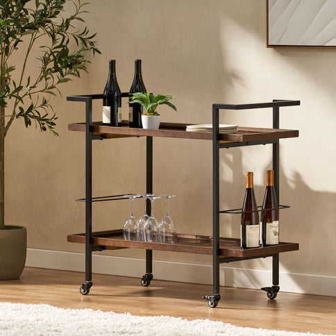 Modern Industrial Bar Cart With Shelving And Casters