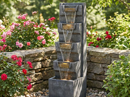 4 Tier Cascading Waterfall Fountain With Warm LED Lights, For Patio - Gray