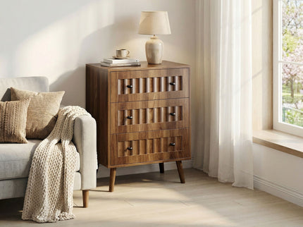 3 Drawer Dresser, Storage Cabinet With Vertical Grooves For Bedroom - Walnut