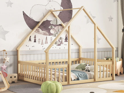 Wood House-Shaped Floor Bed With Fence, Guardrails