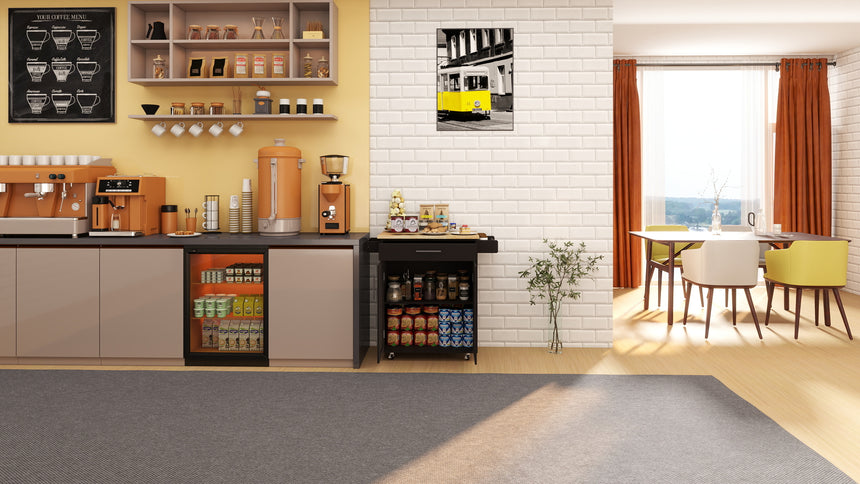 Black Kitchen Island Cart with 1 Drawer, 2-Door Cabinet & Adjustable Shelving – Solid Rubberwood Countertop