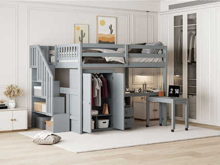 Loft Bed With Stairs, Bookshelf, Drawers, Desk & Wardrobe, Space Saving Multifunctional Furniture
