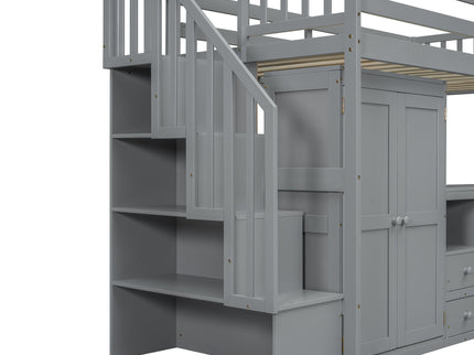 Loft Bed With Stairs, Bookshelf, Drawers, Desk & Wardrobe, Space Saving Multifunctional Furniture