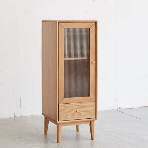 Free-Standing Corner Storage Cabinet With Vintage Glass Door, 2 Shelves, 1 Drawers & Brass Handle For Living Room - Natural