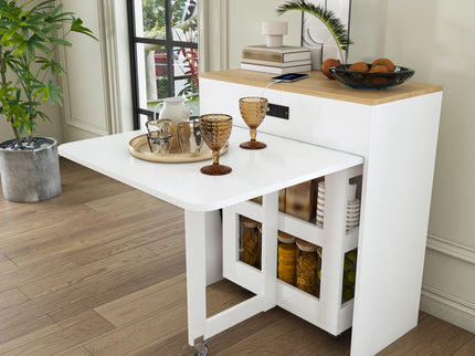 Extendable Dining Table With Power Socket, Lockable Casters, Storage Cabinet