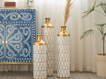 Floor Metal Vase Modern Style Decoration Home Droplet Shaped Metal Vase 3 Piece Set Gorgeous Home Decoration Large Glazed Metal Vase - Gold / White