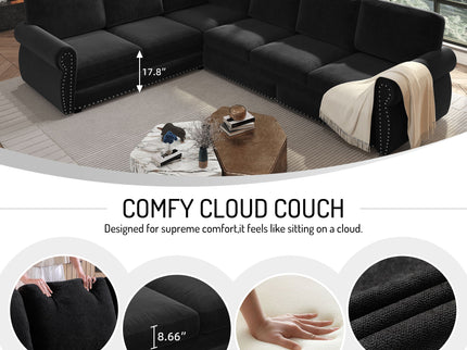 L-Shaped Sofa Couch With Pull Out Bed With Nailhead Trim & Rolled Arm